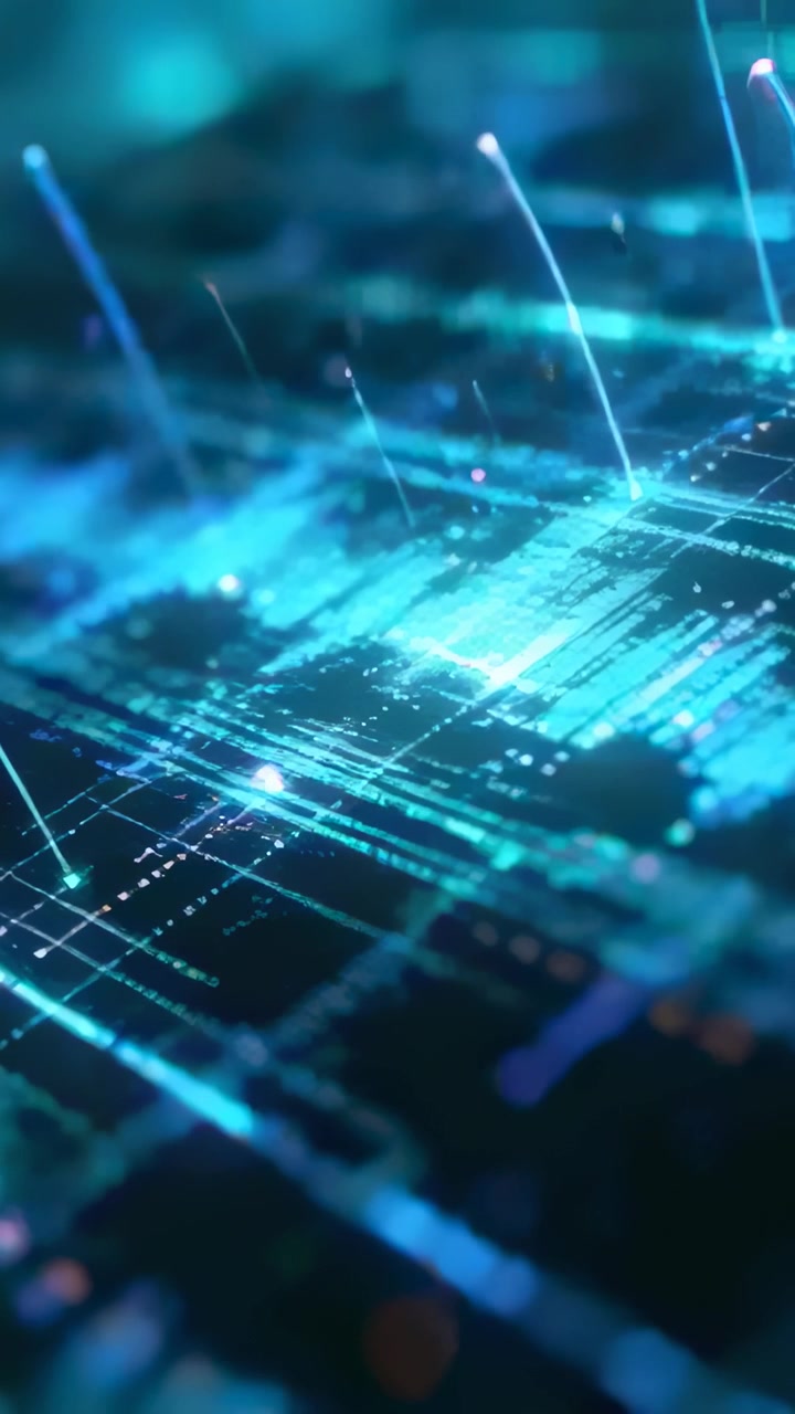 Vertical video: Starting play, cam tilting and pulling while grid nodes pulsing in data grid