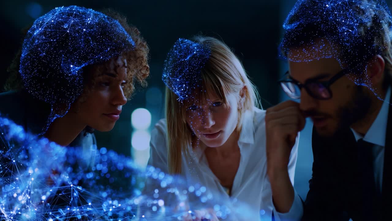 A Team Collaborating to Unlock the Secrets of Artificial Intelligence with Neural Networks Visualized by Glowing Blue Connections in a Darkened Room