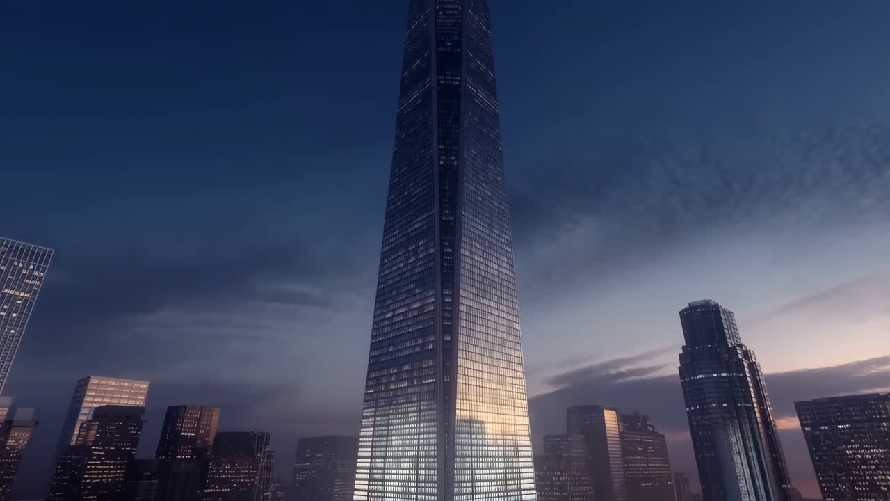 Modern Skyscraper at Dusk in a Cityscape