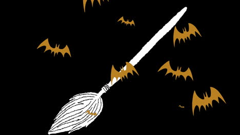 animation of flying bats over broomstick on dark background