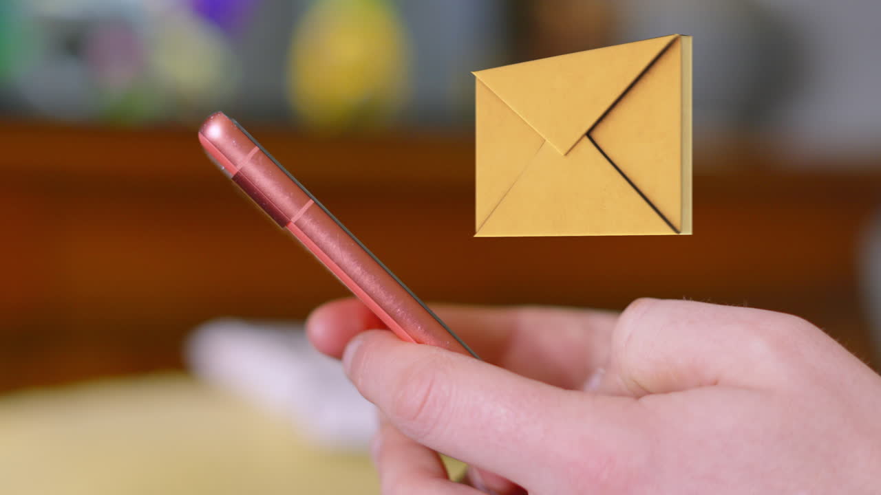 SCAM Text on 3D Animation Envelope Icon Appearing from Smart Phone with Hands Typing on Screen Keyboard with Shallow DOF. Email Alert Sign Pop Up. Communicating Online Concept.