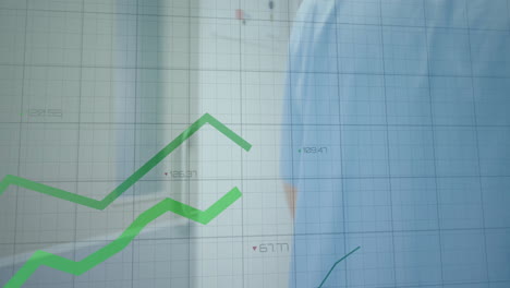 medische professional in scrubs met data grafiek animatie over raster achtergrond