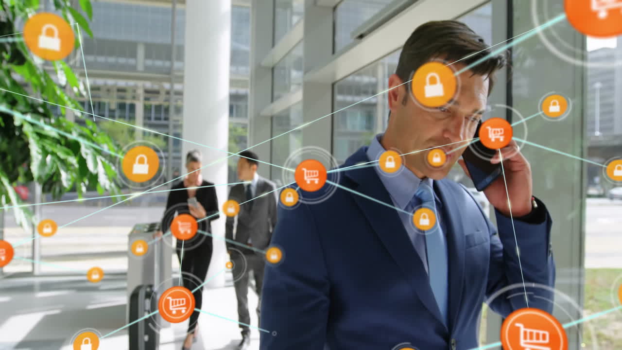 전화로 이야기, 보안과 쇼핑 아이콘의 사업가 사무실에서 네트워크 애니메이션