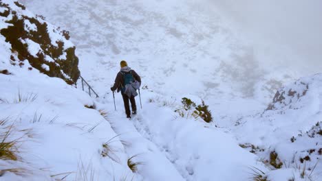 Mujer-Mochilera-Solitaria,-Con-Equipo-De-Trekking,-Recorriendo-El-Terreno-Montañoso-Cubierto-De-Nieve