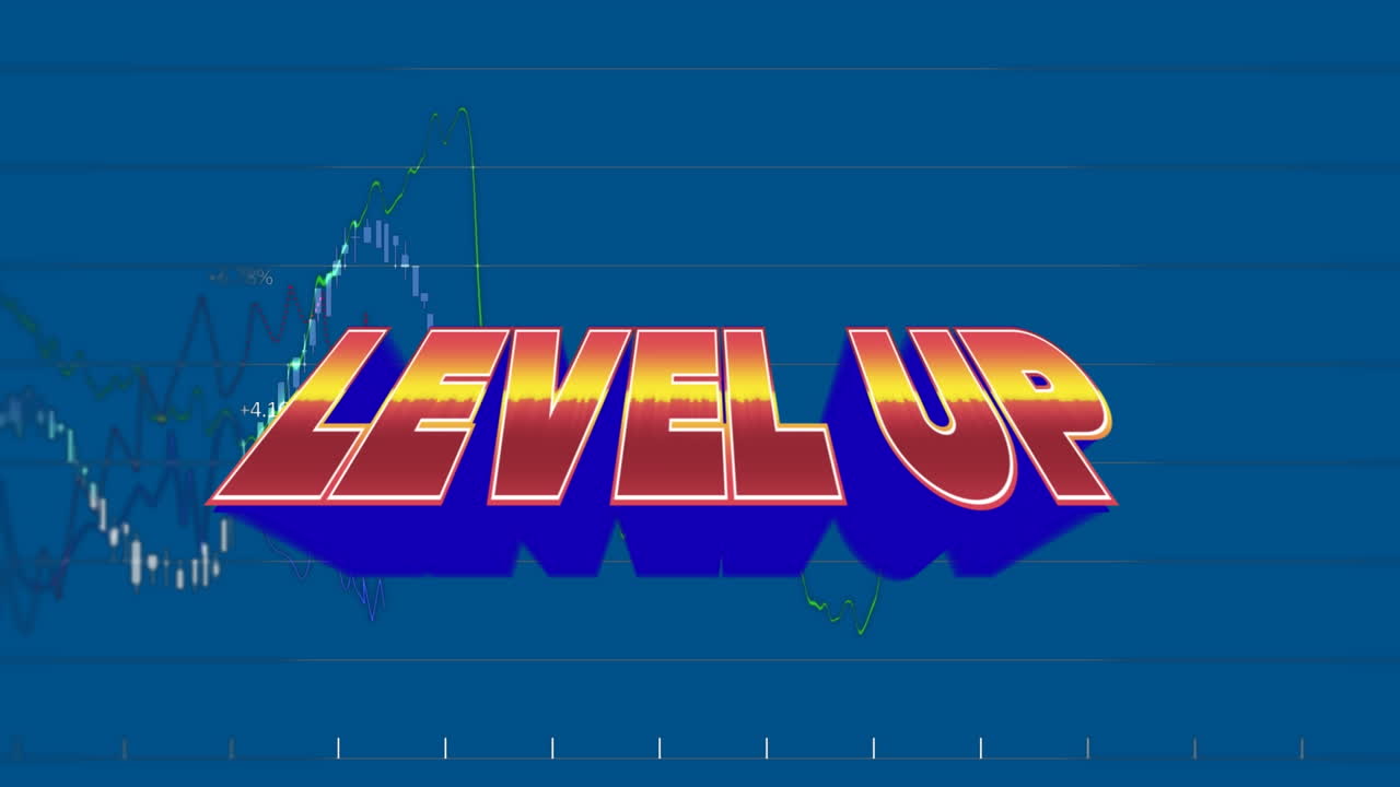 금융 그래프와 함께 파란색 공간에서 레벨을 올리는 애니메이션