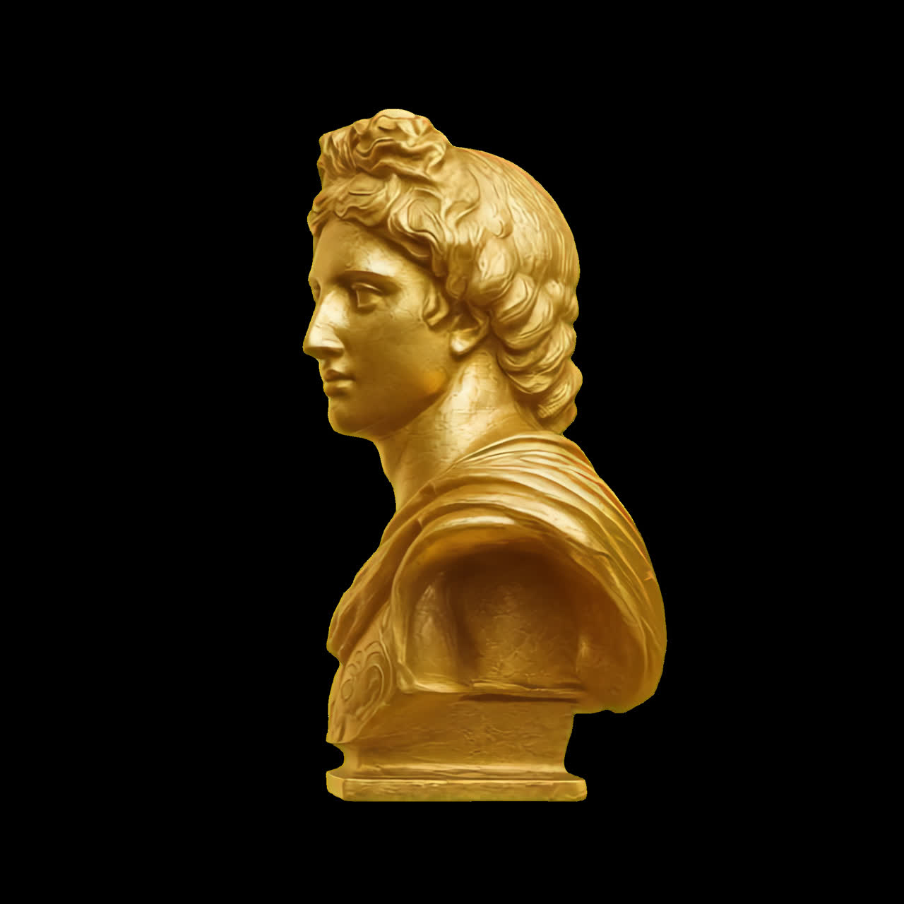 Golden classical sculpture bust animation isolated asset, transparent 4K video, alpha channel