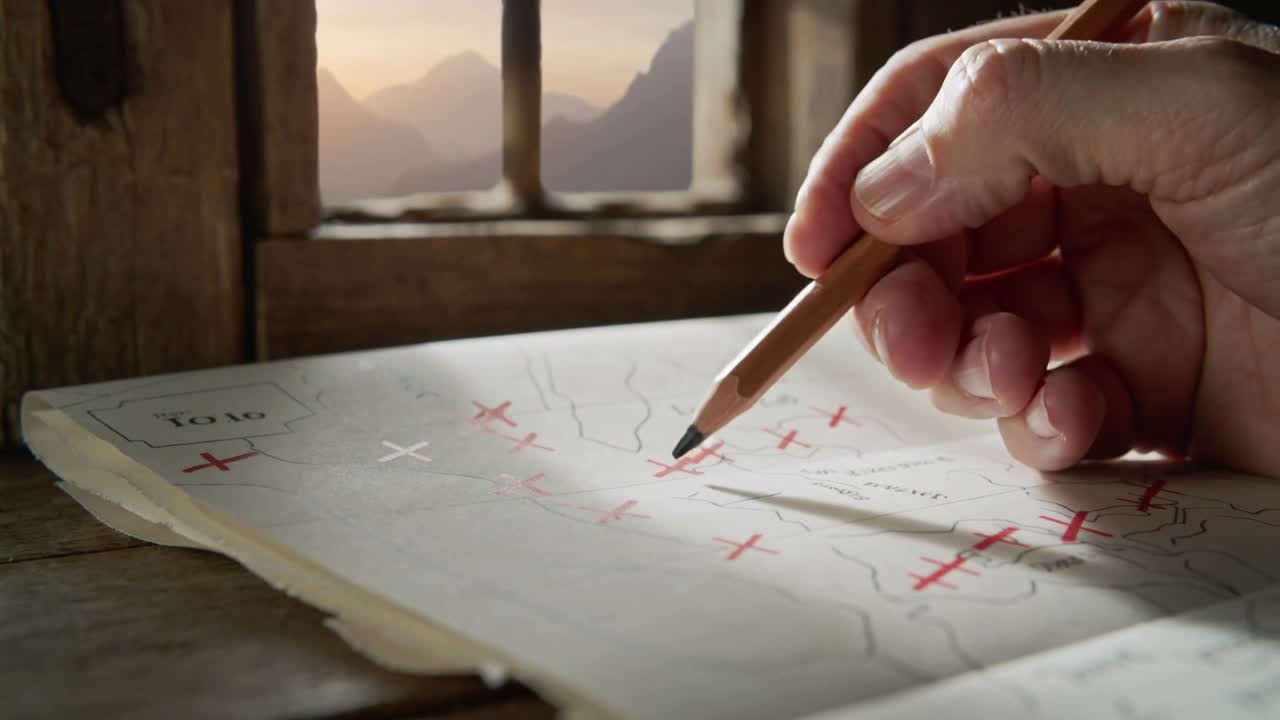 Tracing right hand, pencil hovering over map in cabin, marking red Xs, planning route, copy space