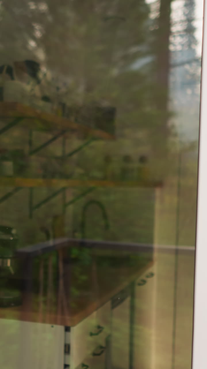 Transparent front door of glamping house. Miniature kitchen seen through front door of rental cottage in forest area. Ideal place for nature lovers for relaxing