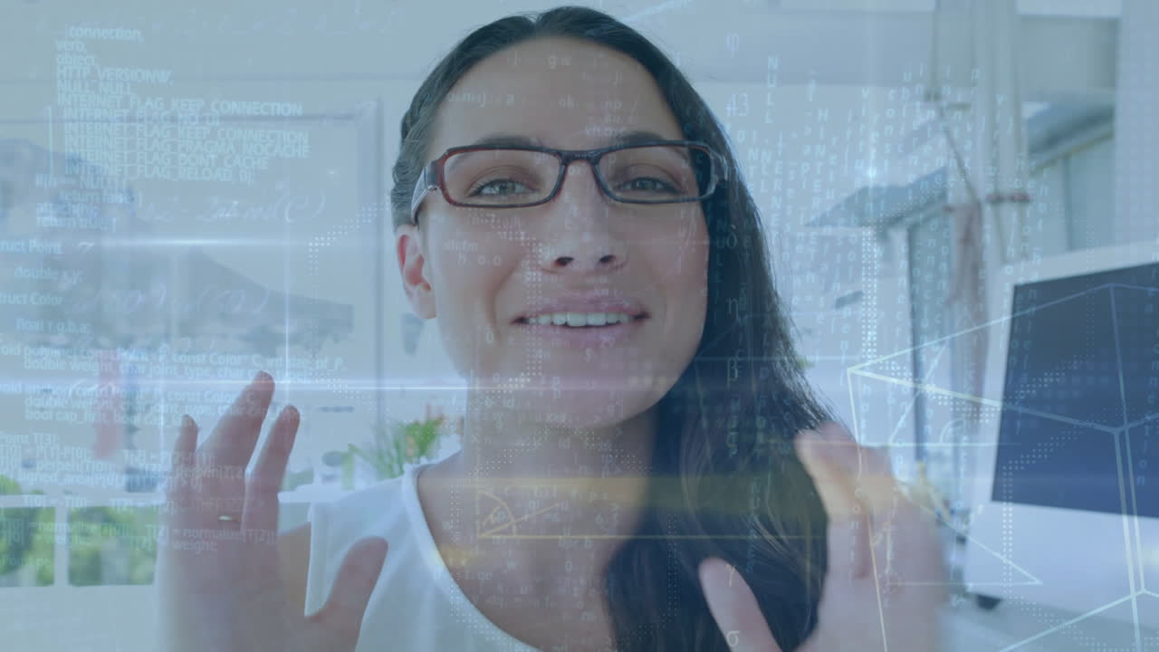 animación del procesamiento de datos sobre una mujer de negocios caucásica