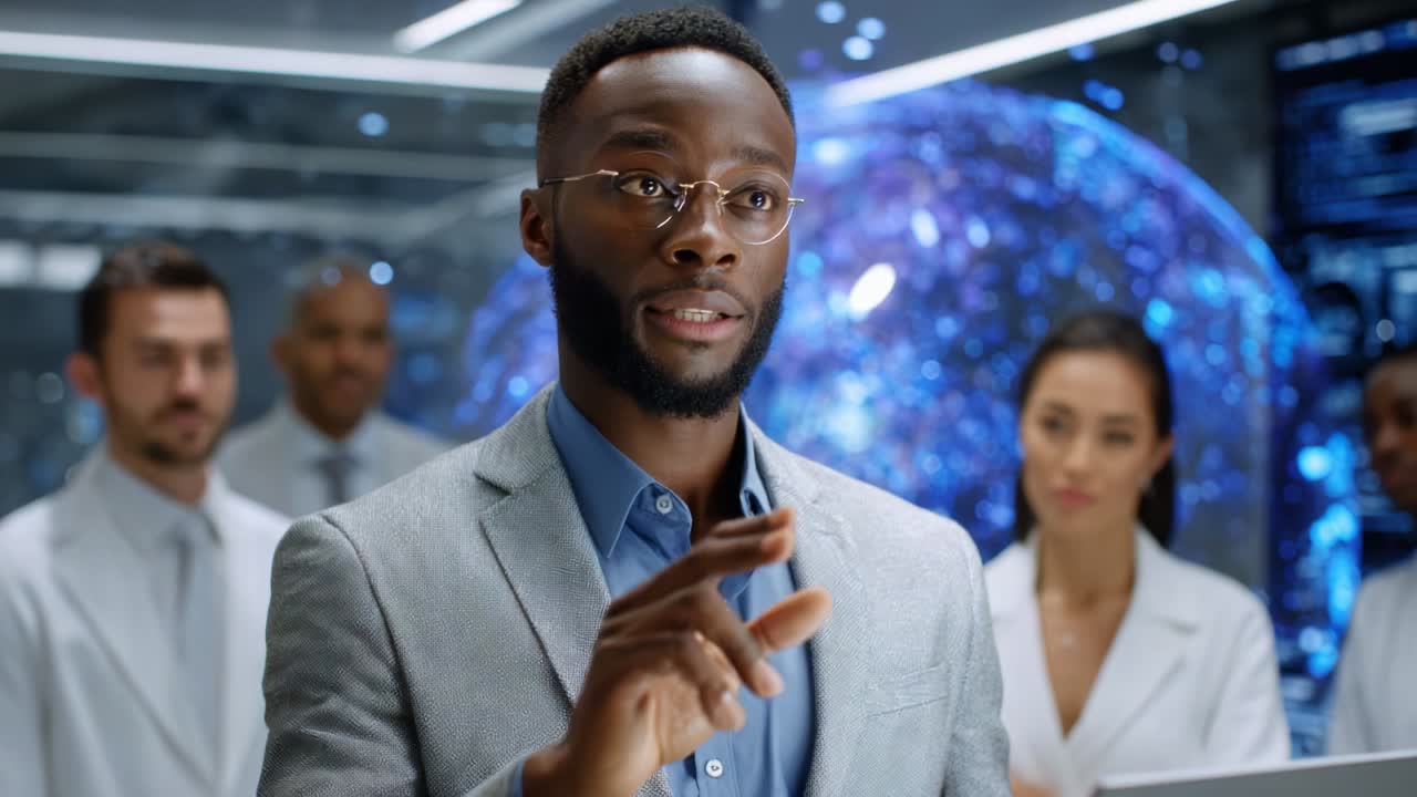 A focused speaker captivates an attentive audience in a modern, high-tech setting, showcasing advanced technologies and innovative ideas while effectively conveying their message with clarity and confidence