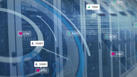 Animación-De-La-Interfaz-Con-Procesamiento-De-Datos-Y-íconos-De-Redes-Sociales-Flotando-Sobre-La-Sala-De-Servidores