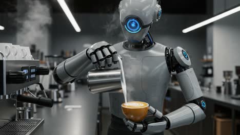 a futuristic robot barista skillfully pouring milk into a coffee cup, creating beautiful latte art in a modern, sleek coffee shop environment