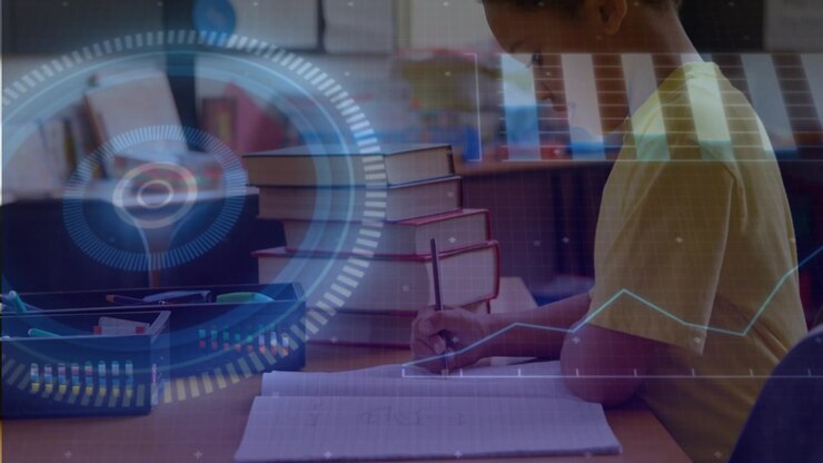 Boy starting pencil touching writing and shifting at desk while blue HUD overlaying left for study