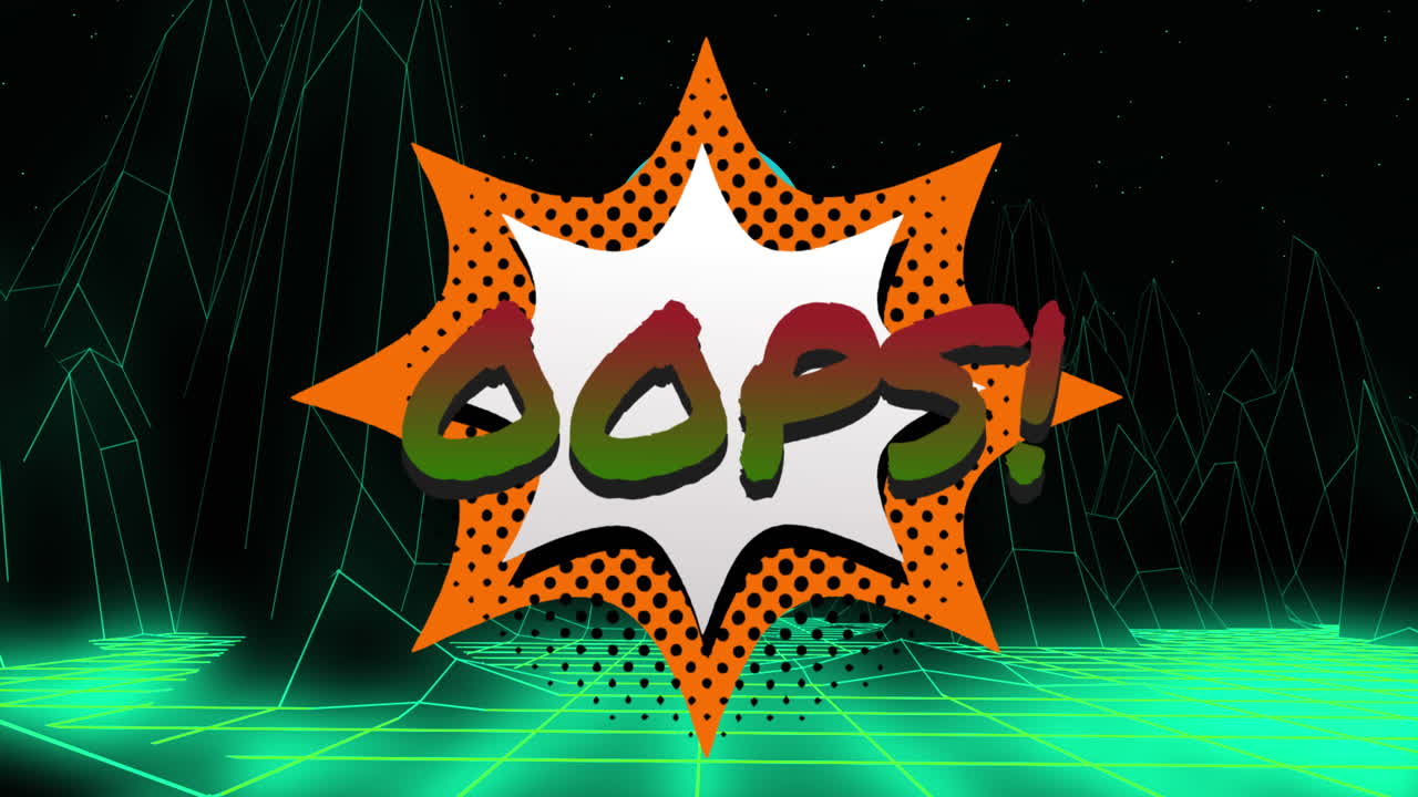 검은 바탕에 디지털 마운틴 위에 oops 텍스트의 애니메이션