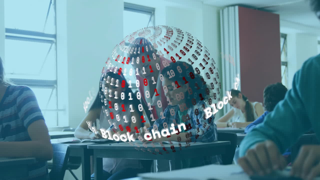 Students in classroom with blockchain and binary code animation overlay