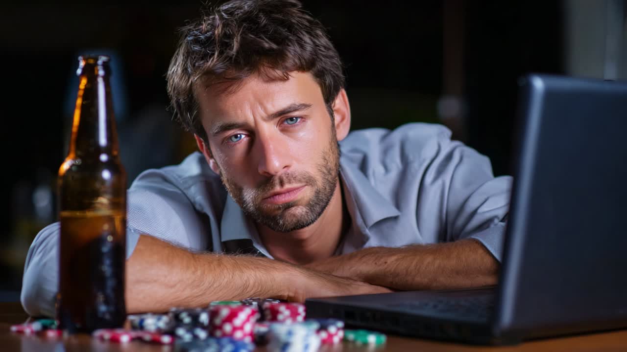 Un momento di riflessione: un uomo deluso al suo tavolo da poker, circondato da fiches e una birra, contempla la sua strategia mentre lavora al suo portatile a tarda notte