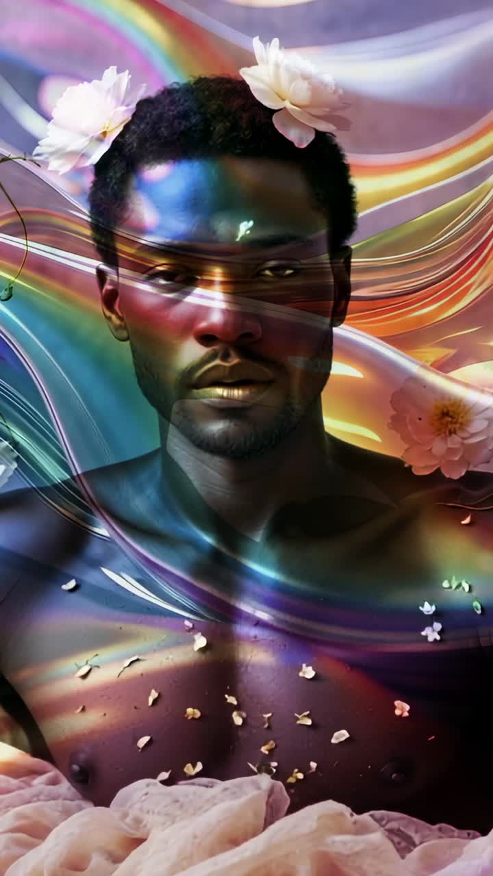 Vertical video: Light ribbons nudging model opening eyes in studio, revealing blossoms and petals