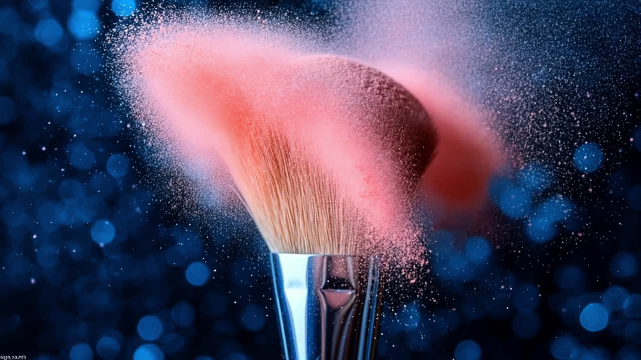 Brush creates colorful powder. A makeup brush releases a vibrant cloud of powder against a sparkling blue background, showcasing beauty artistry.