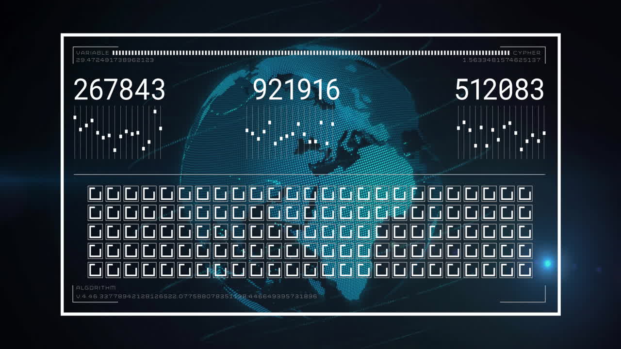 Animation of globe over data processing on black background