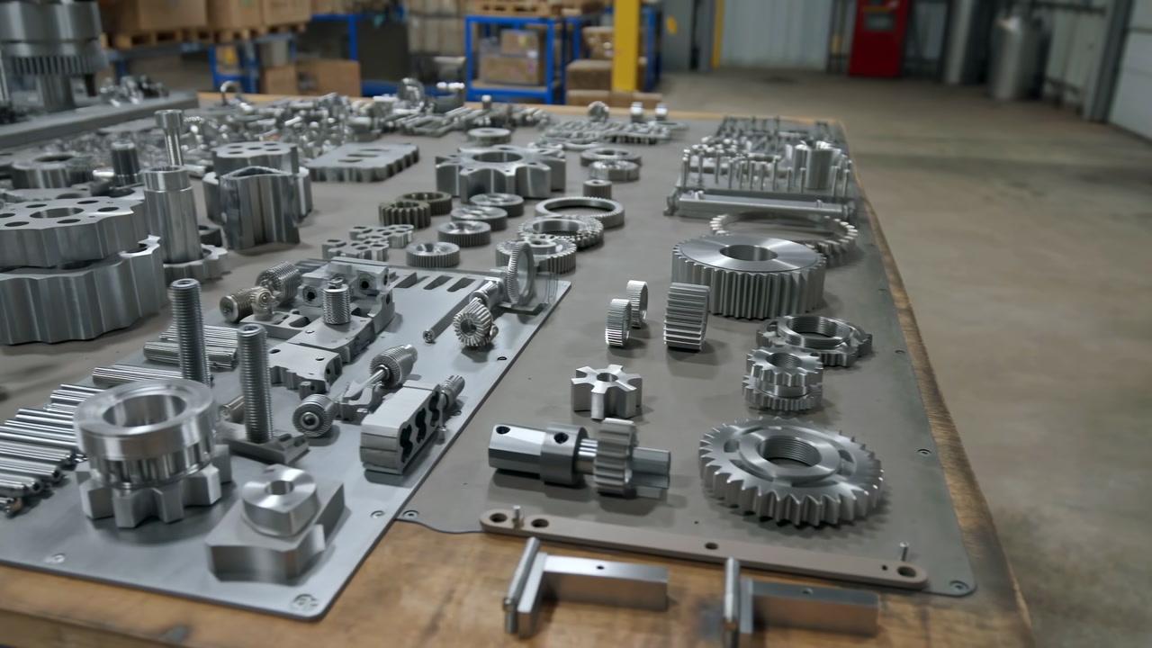 Metal Gears And Components On Workbench, Staged For Precision Inspection And Assembly In Industrial Workshop,