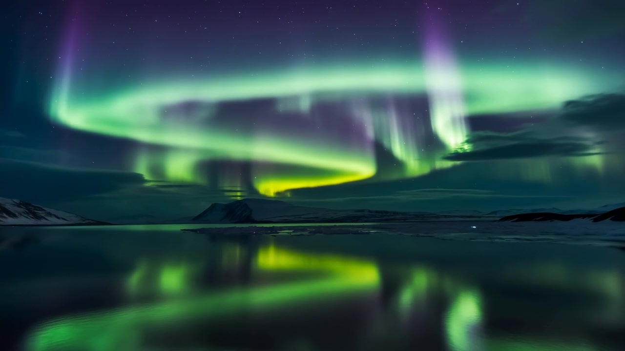 Movimento notturno panoramico dell'aurora boreale che si espande nel cielo sopra una baia artica calma, con un ampio anello luminoso, pilastri di luce verticali, riflessi verdi specchiati, costa innevata e sagome distanti