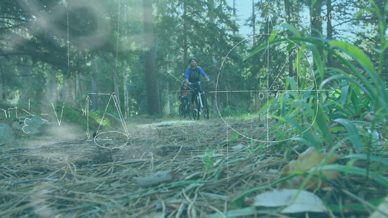 Cyclists pushing mountain bikes uphill on pine trail, displaying AR math diagrams for education