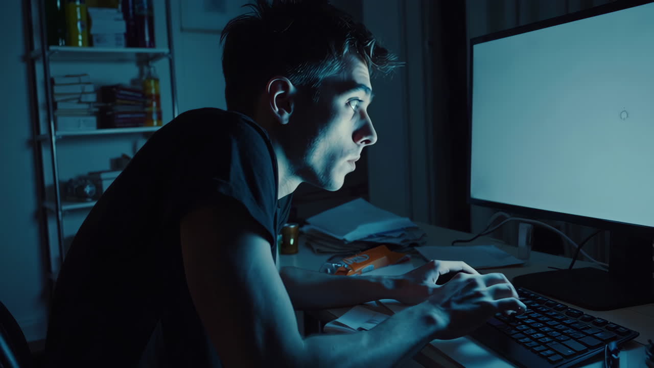 Man working late at night on computer