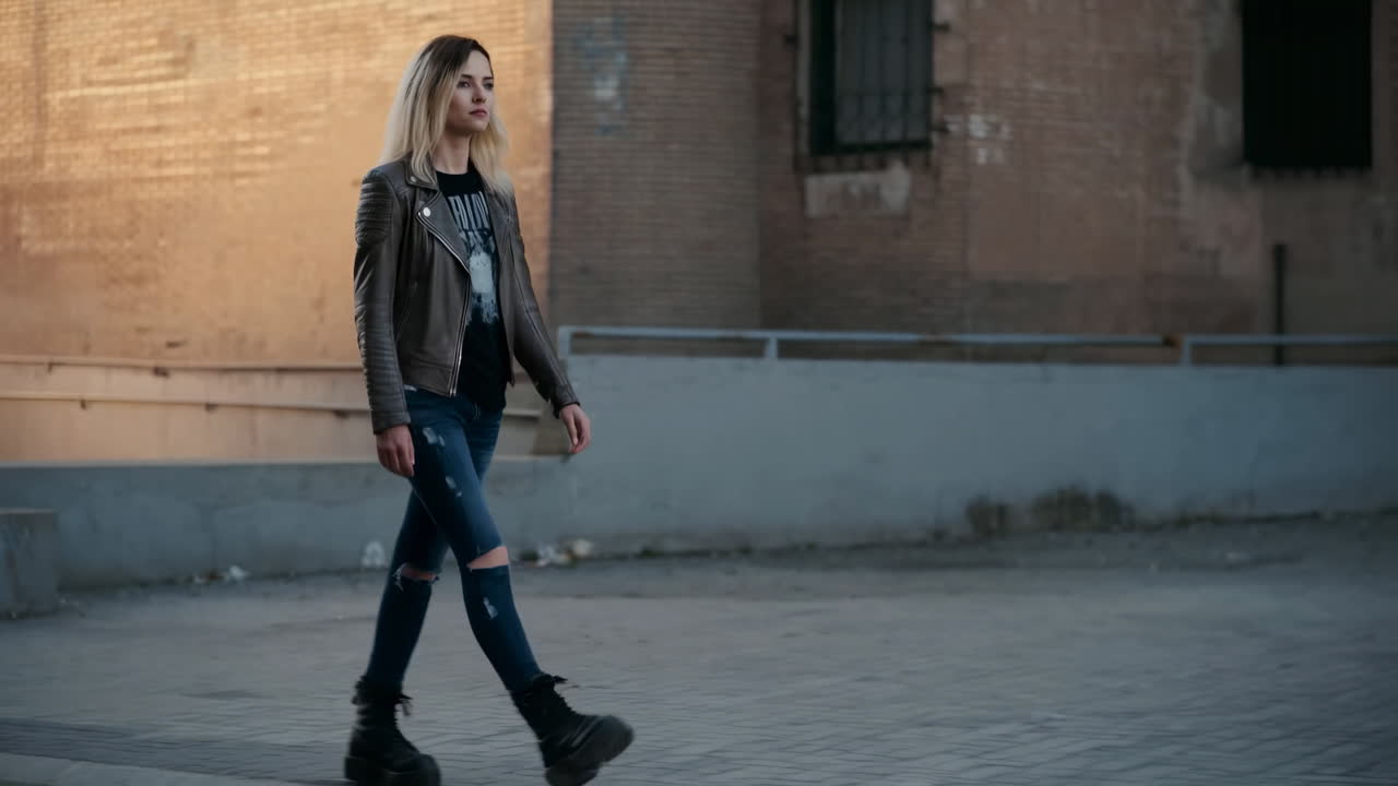 Young Woman in Leather Jacket Walking Confidently Through Urban Street
