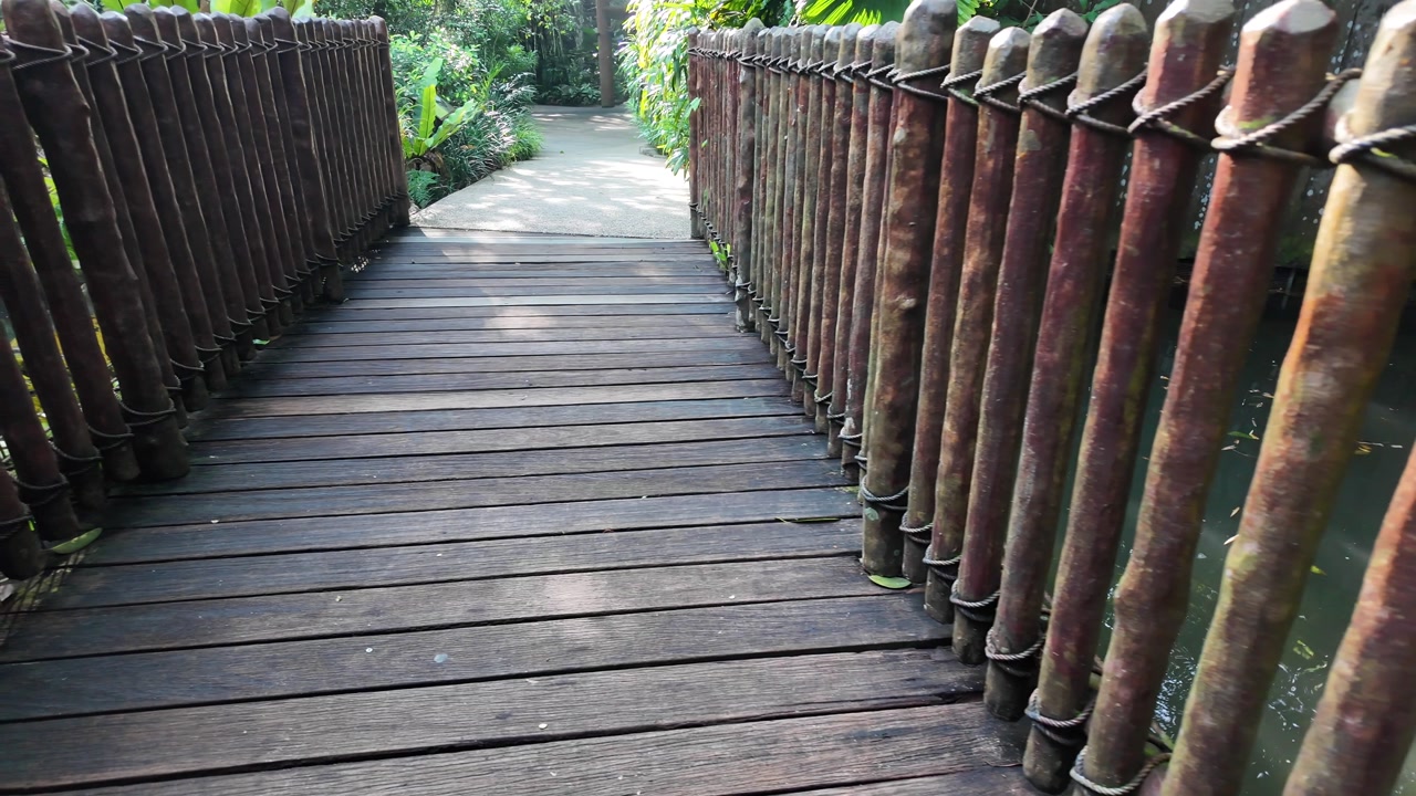 Walking on a Wooden Walkway with Rustic Railings in a Lush Garden