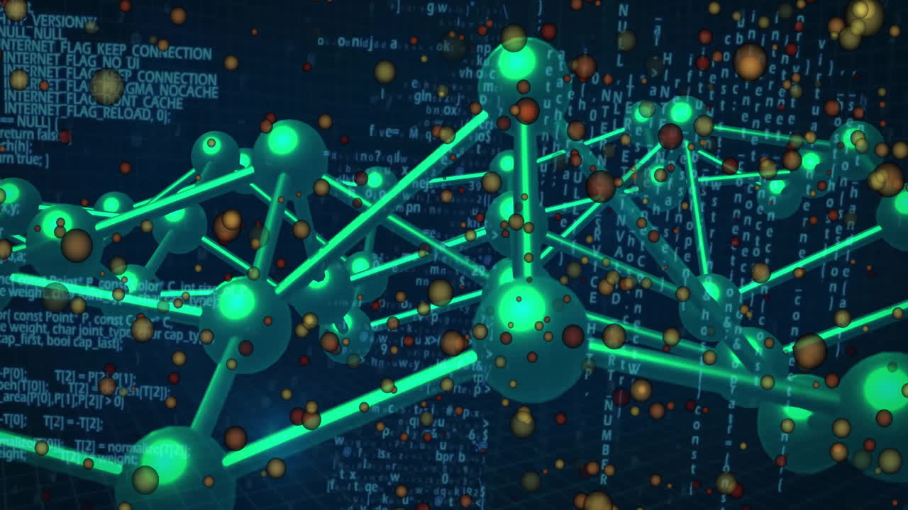 Animation of scientific data processing over dna strand on dark background