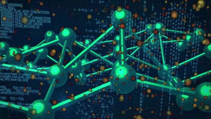 Animation of scientific data processing over dna strand on dark background