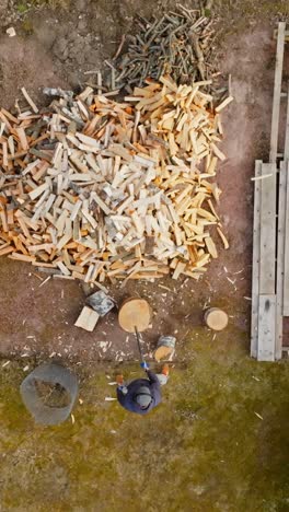 vertical drone shot above a man cutting firewood with an axe, sunny, spring day