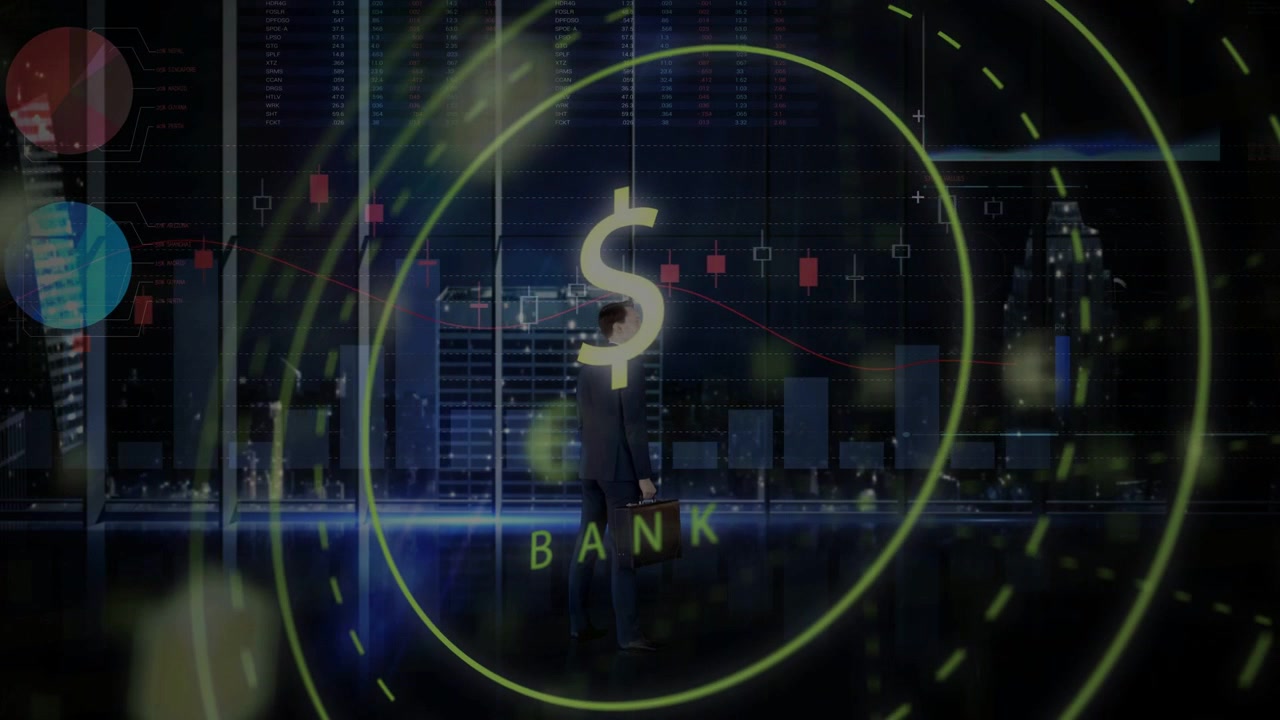 Businessman facing window, dollar sign appearing and pulsing bank HUD around him visualizing growth