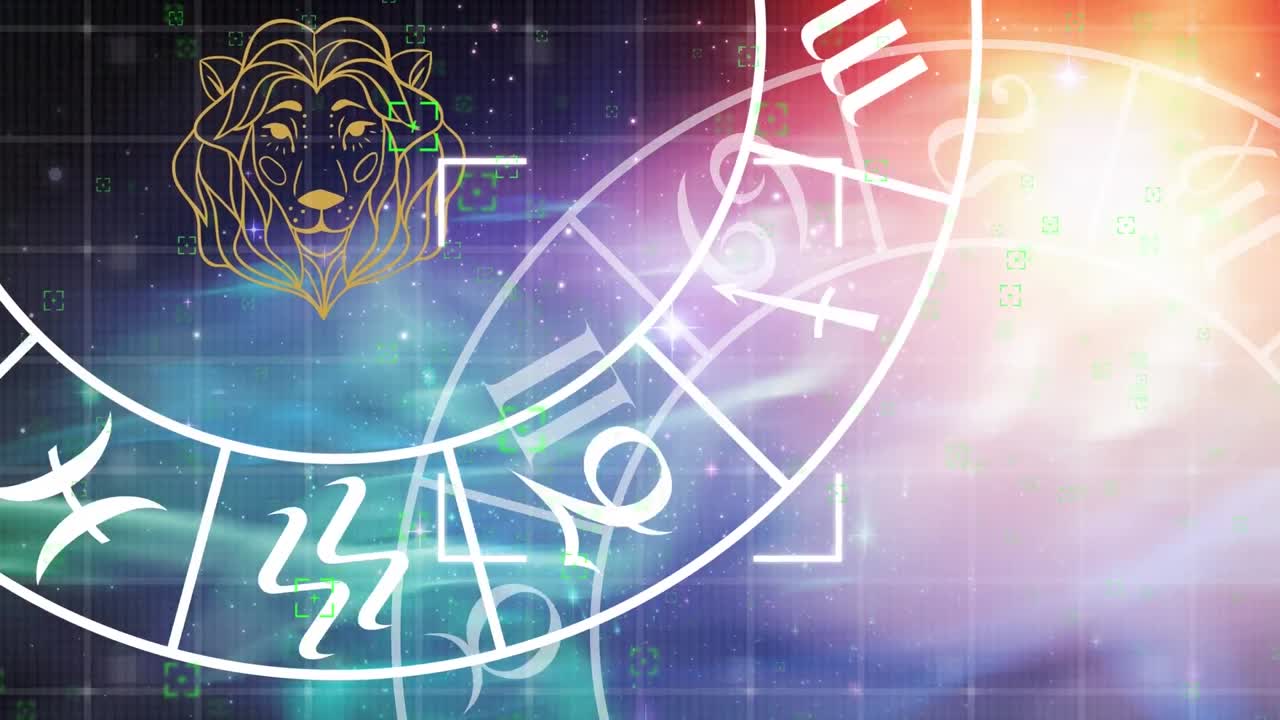 초록색과 파란색 배경에 레오 별자리와 호로스코프 조디악 별자리 바 ⁇ 의 애니메이션