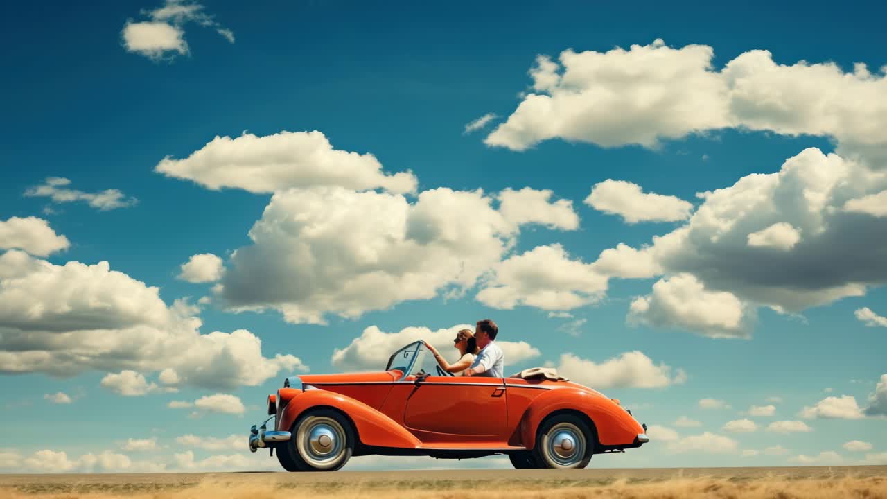 Vintage car driving under a vast sky with fluffy clouds