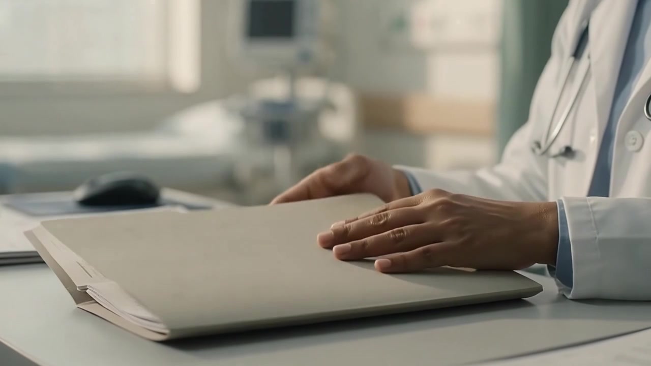 Doctor Closing Medical File at Desk in Hospital