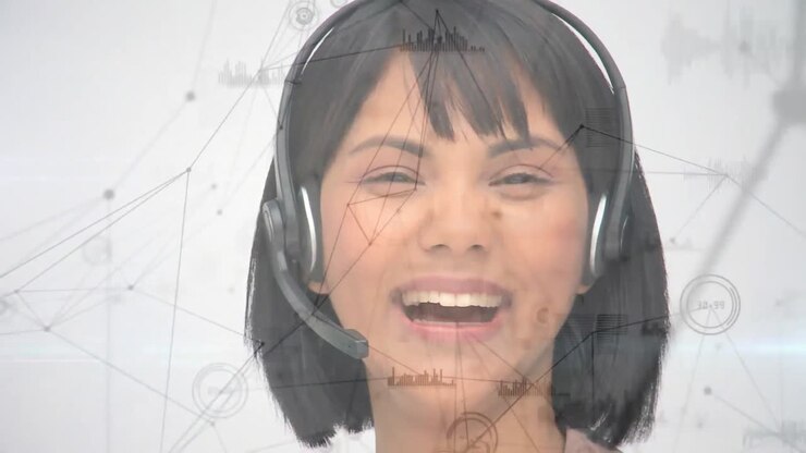 Animazione di rete di connessioni, statistica su donna d'affari con cuffie telefoniche