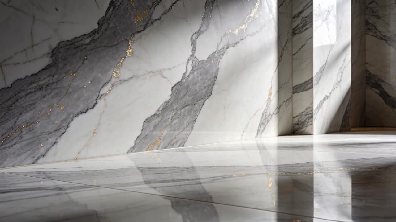 Fascio di luce in movimento da una nicchia a destra che proietta bande sulle pareti e il pavimento in marmo dell'atrio, mostrando pagliuzze d'oro.