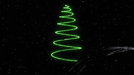 Animation-of-snow-falling-over-christmas-tree-on-black-backrgound