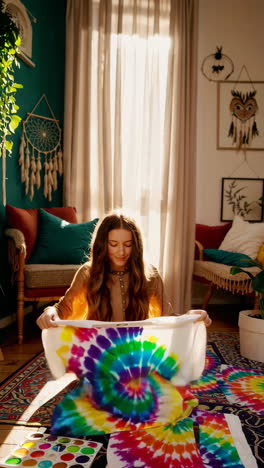 woman tie-dyeing t-shirts in a boho-style living room