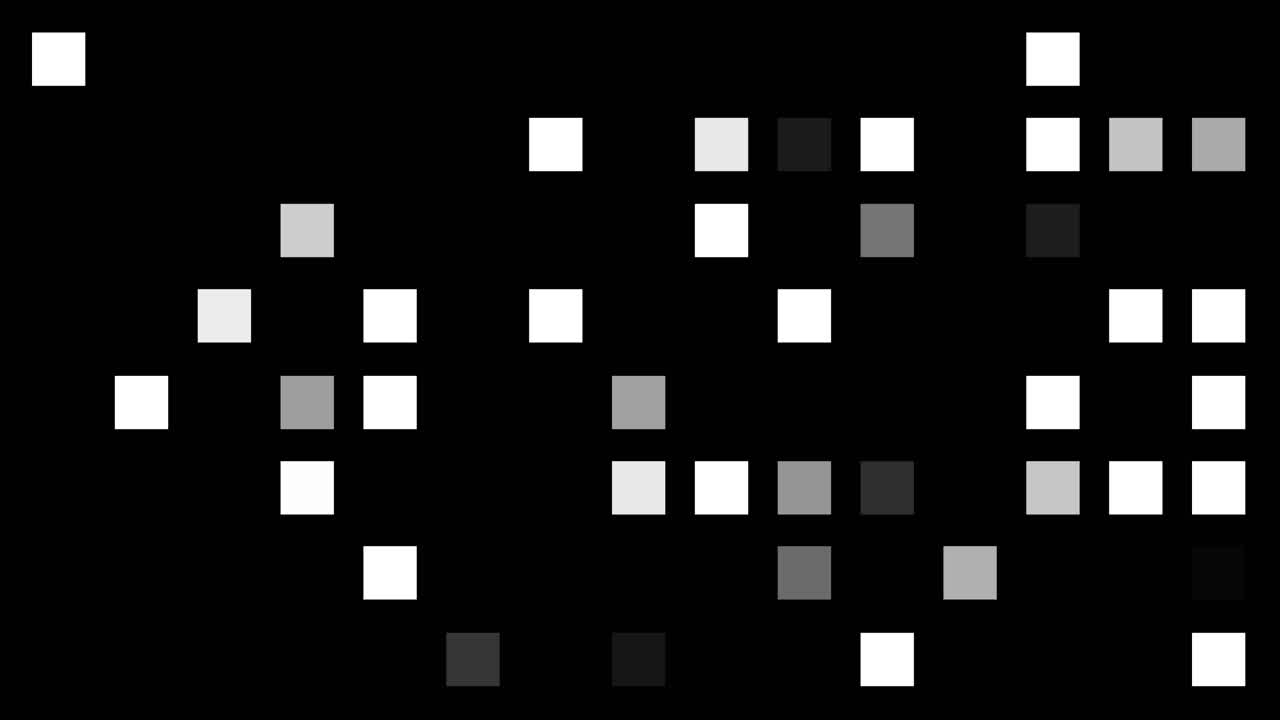 animación abstracta, cuadrícula de cuadrados blancos pulsantes sobre fondo negro, procesamiento de datos, informática, errores, temas de análisis de sistemas, cálculo algorítmico y flujo de información