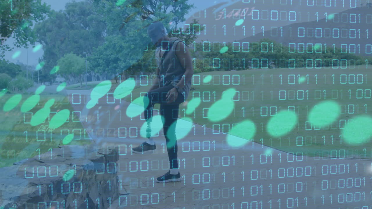Animation of graphs, binary codes over african american handicap athlete doing stretching