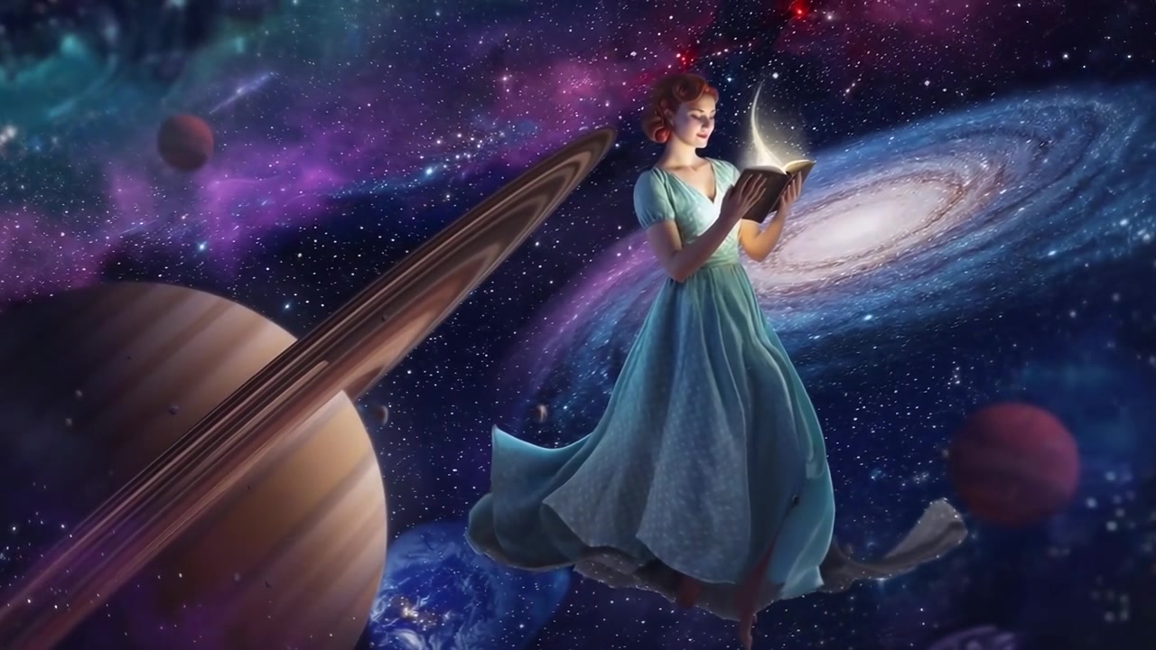Donna che legge un libro magico in una galassia stellata con pianeti