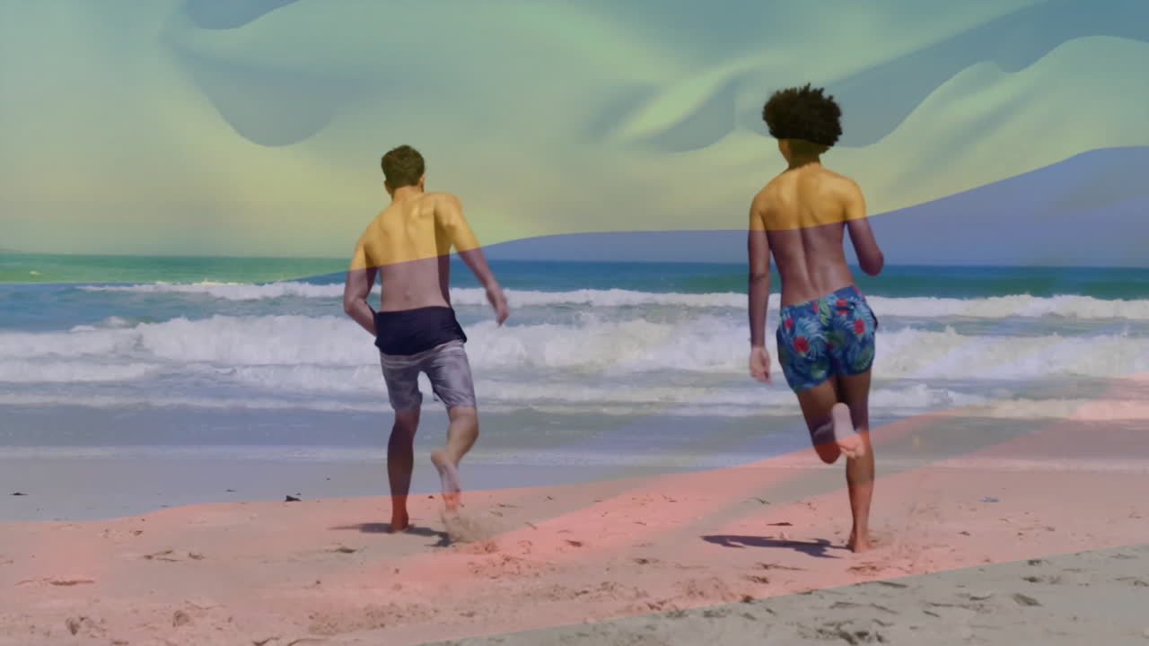 animación de la bandera de colombia sobre diversos amigos masculinos en la playa