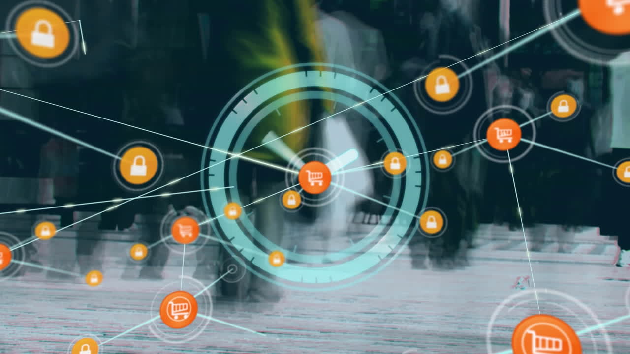 animación de la red de conexiones con iconos de compras en línea a través del escaneo de alcance