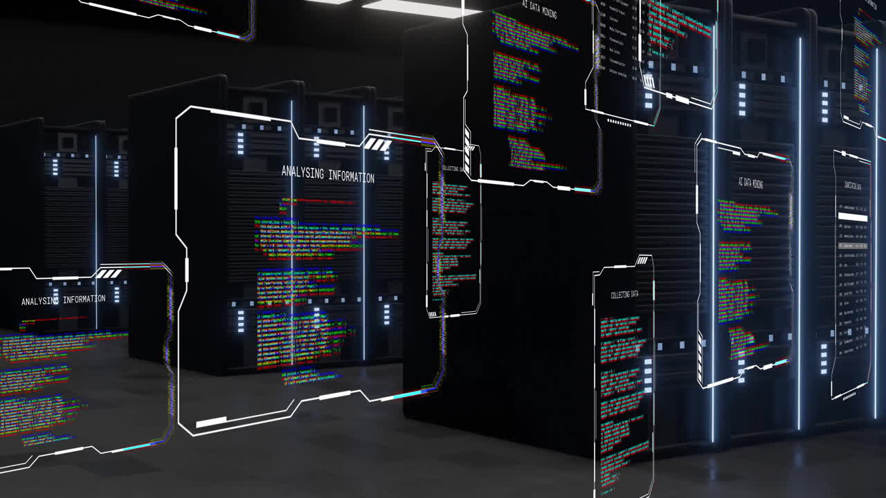 Animation of text data files processing over dark computer server room