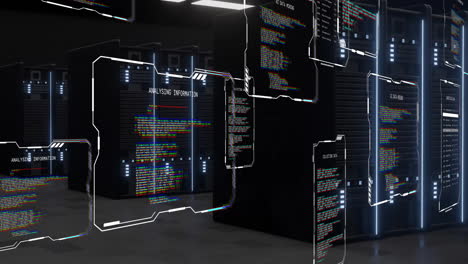 animation of text data files processing over dark computer server room