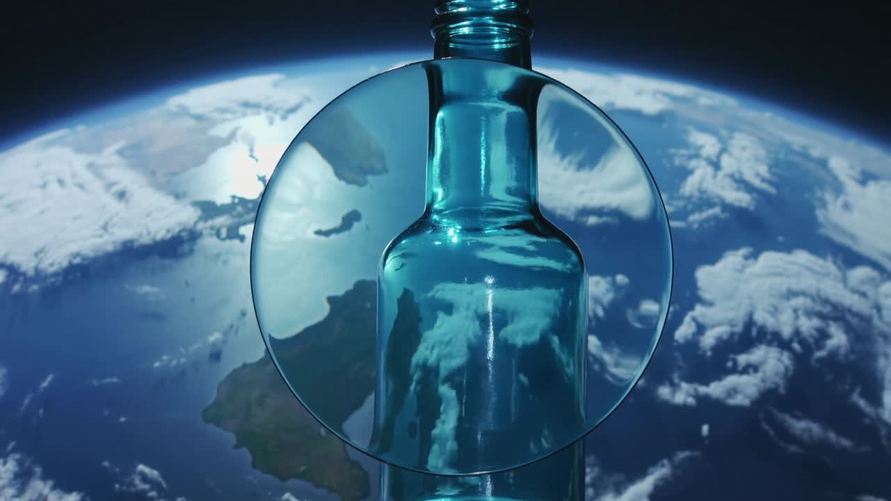 Botella verde azulado centrándose sobre un telón de fondo de la Tierra, con una lente deslizándose hacia abajo revelando un detalle de nube de cristal para el diseño.
