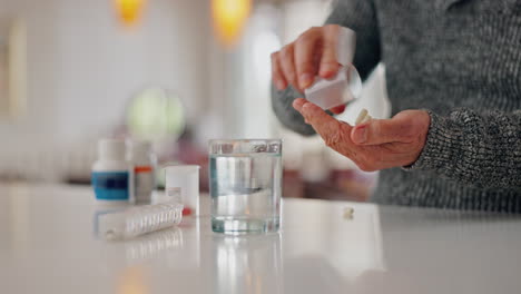 medication, water and senior person hands at home