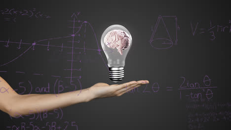 animation of hand holding light bulb with brain over mathematical equations on black background